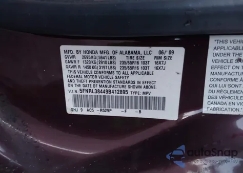 2009 Honda Odyssey Ex из США, поврежденный, VIN 5FNRL38449B412895